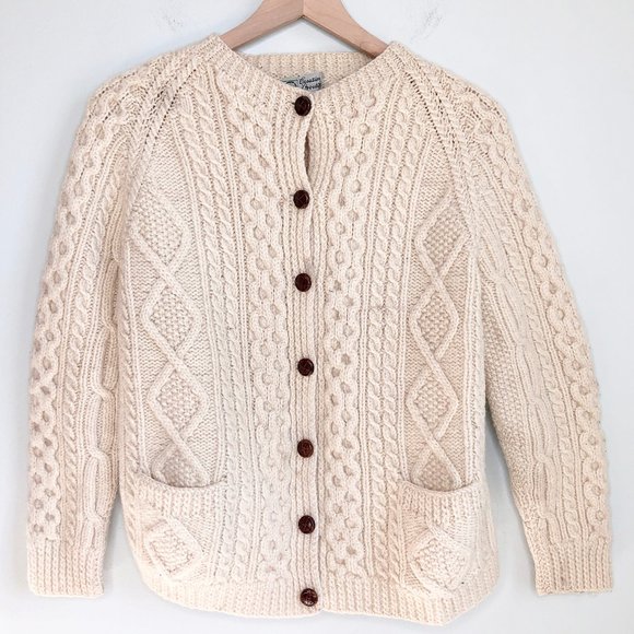 Vintage Sweaters - Vintage Hand Knitted Aran Irish Cable Knit Fisherman Cardigan Sweater Grandpa